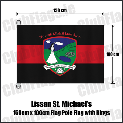 Lissan St. Michael’s 150cm x 100cm Flag Pole Flag with Rings, featuring the club crest and red and black colours; County Derry GAA. ClubFlags.ie.