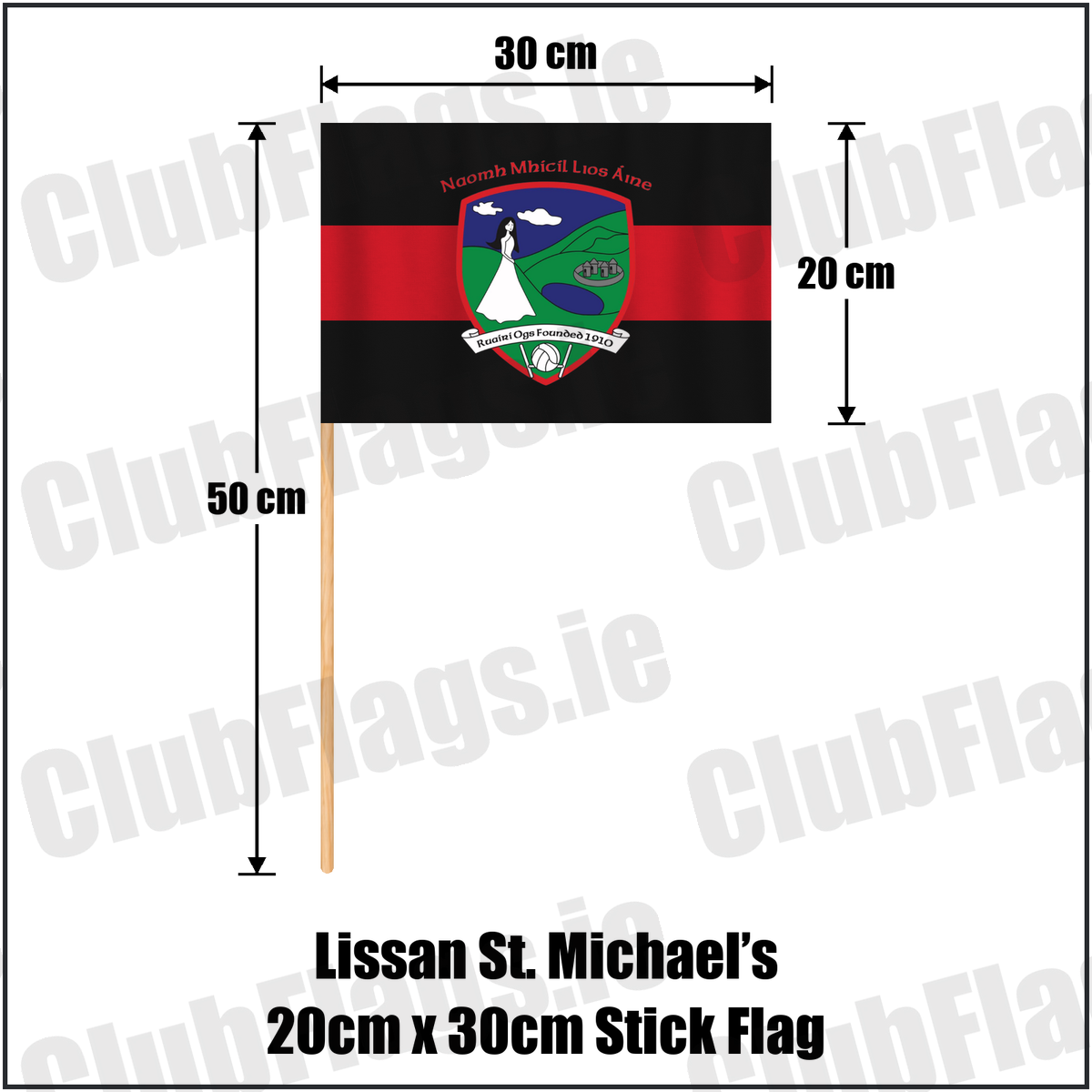 Lissan St. Michael’s 20cm x 30cm Stick Flag, featuring the club crest and red and black colours; County Derry GAA. ClubFlags.ie.