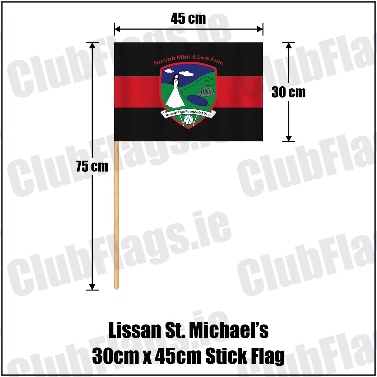 Lissan St. Michael’s 30cm x 45cm Stick Flag, featuring the club crest and red and black colours; County Derry GAA. ClubFlags.ie.