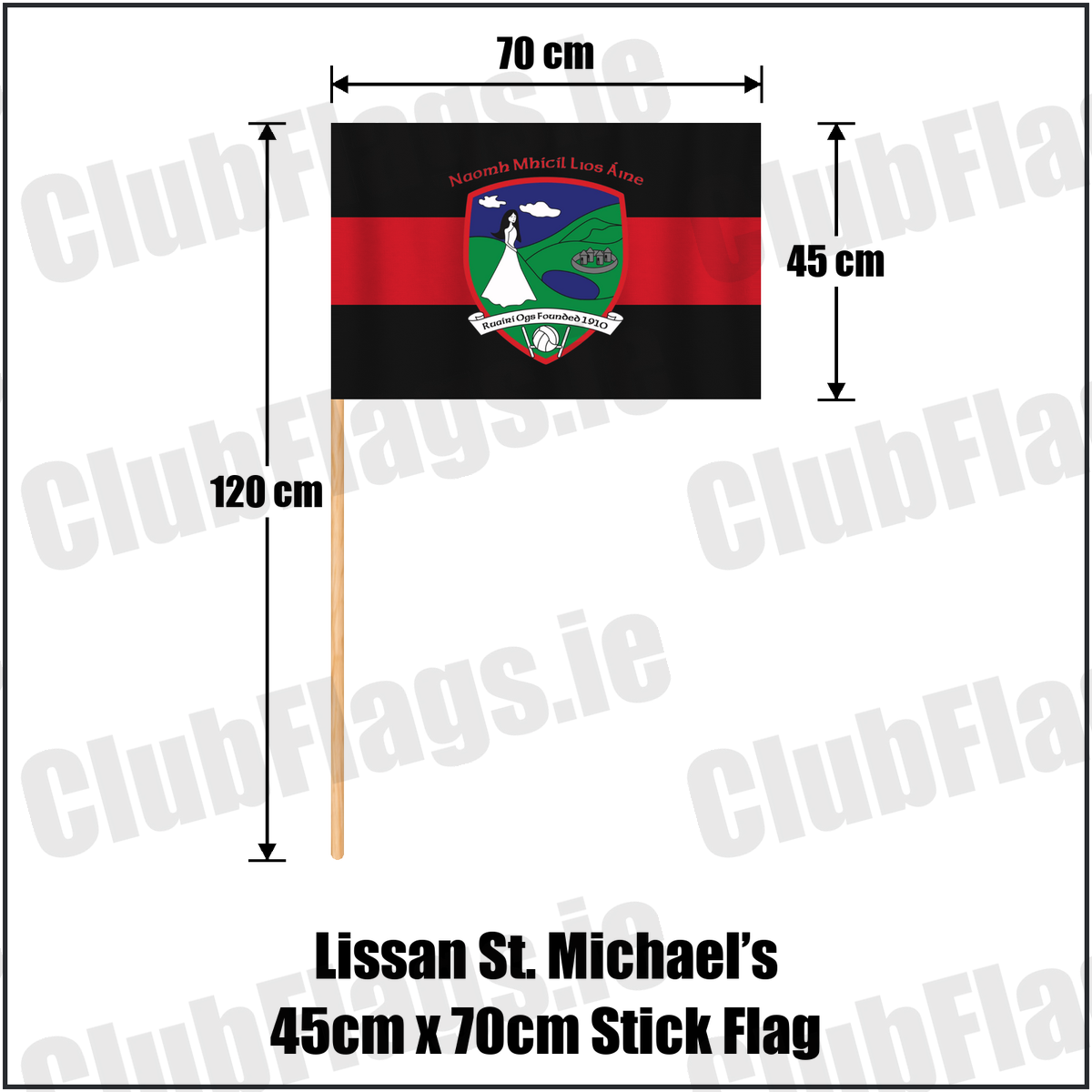 Lissan St. Michael’s 45cm x 70cm Stick Flag, featuring the club crest and red and black colours; County Derry GAA. ClubFlags.ie.