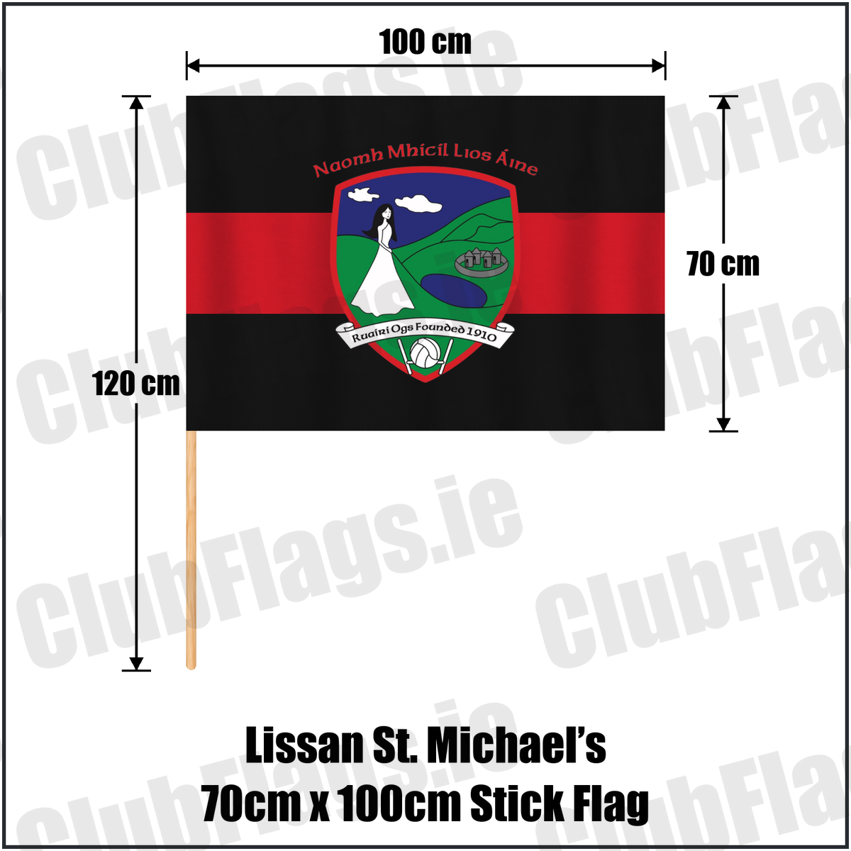 Lissan St. Michael’s 70cm x 100cm Stick Flag, featuring the club crest and red and black colours; County Derry GAA. ClubFlags.ie.