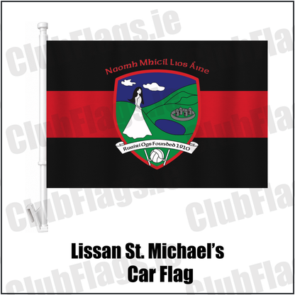 Lissan St. Michael’s Car Flag, featuring the club crest and red and black colours; County Derry GAA. ClubFlags.ie.