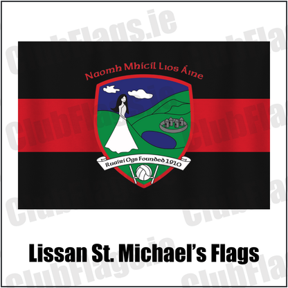 Lissan St. Michael’s Flags, featuring the club crest and red and black colours; County Derry GAA. ClubFlags.ie.