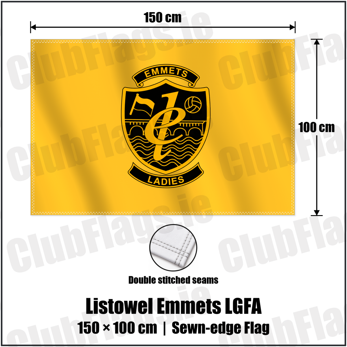 Listowel Emmets LGFA 100cm x 150cm Flag (sewn on the edges) with the club crest and colours, Kerry GAA - ClubFlags.ie