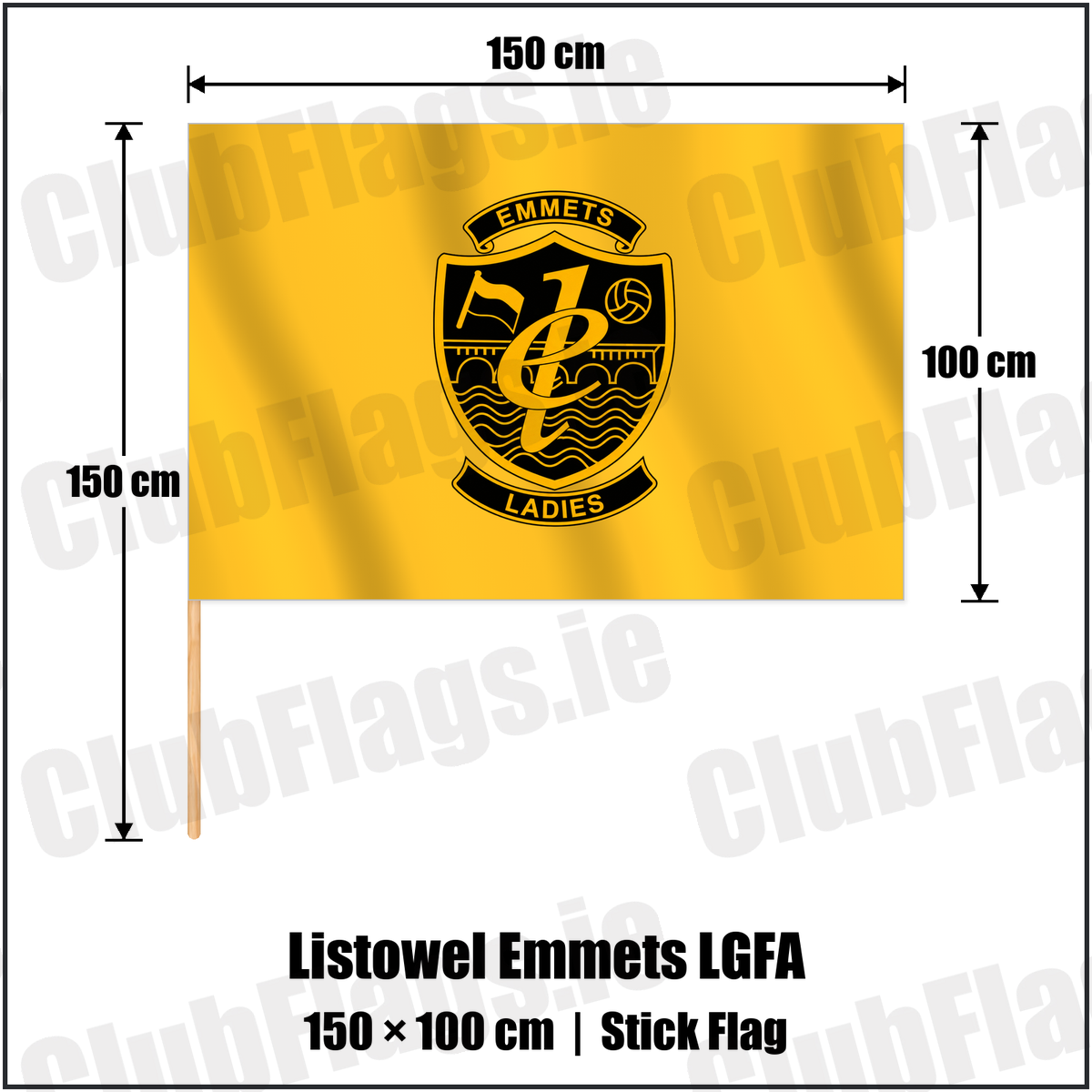 Listowel Emmets LGFA 100cm x 150cm Stick Flag with the club crest and colours, Kerry GAA - ClubFlags.ie