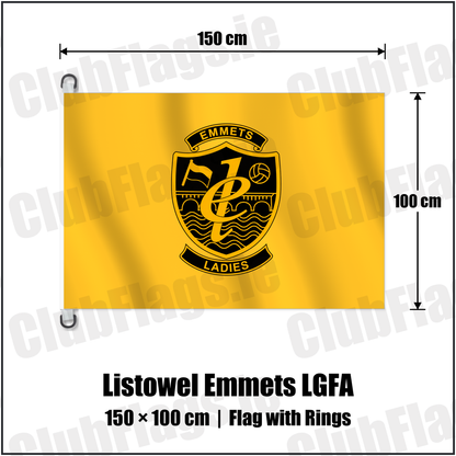 Listowel Emmets LGFA 150cm x 100cm Flag Pole Flag with Rings with the club crest and colours, Kerry GAA - ClubFlags.ie