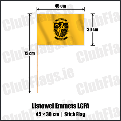Listowel Emmets LGFA 30cm x 45cm Stick Flag with the club crest and colours, Kerry GAA - ClubFlags.ie