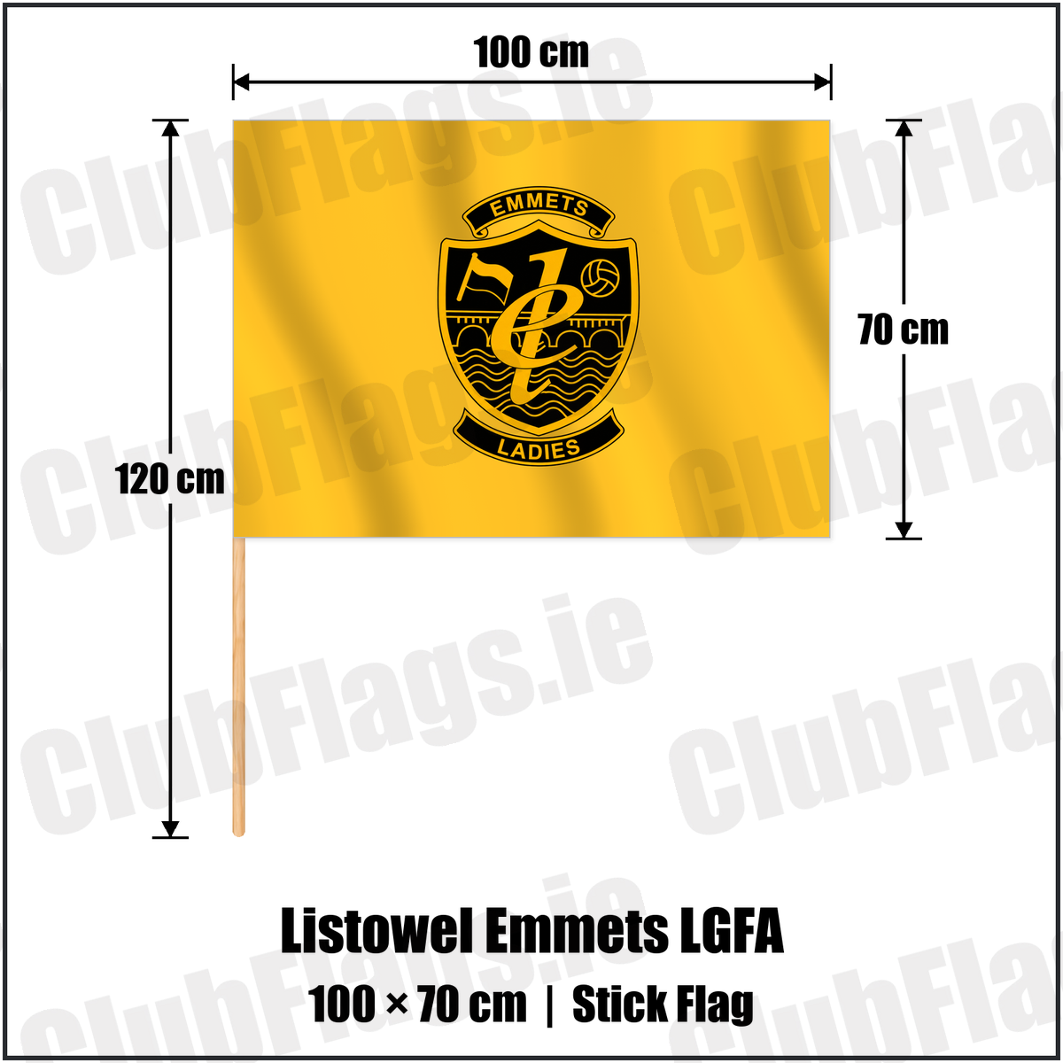 Listowel Emmets LGFA 70cm x 100cm Stick Flag with the club crest and colours, Kerry GAA - ClubFlags.ie
