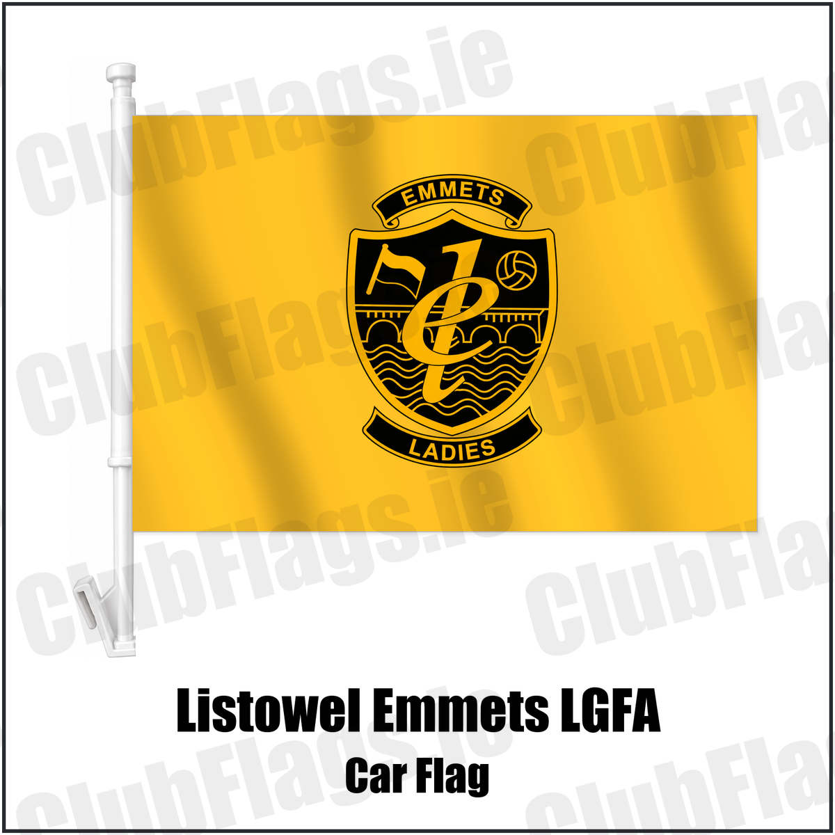 Listowel Emmets LGFA Car Flag with the club crest and colours, Kerry GAA - ClubFlags.ie