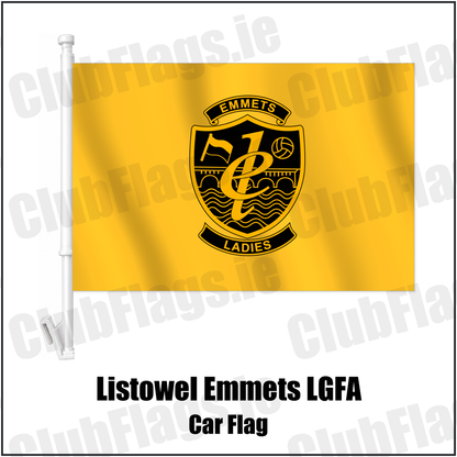 Listowel Emmets LGFA Car Flag with the club crest and colours, Kerry GAA - ClubFlags.ie