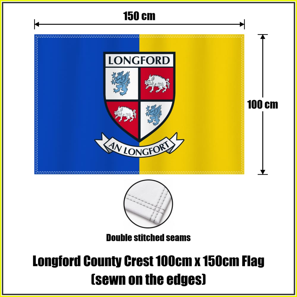 Longford county crest 100 × 150 cm sewn-edge flag in blue and yellow, with dimension arrows and a double-stitch seam close-up.
