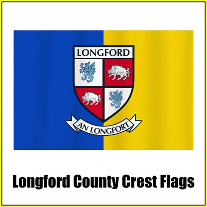 Longford county crest flag in blue and yellow, with county name and crest.