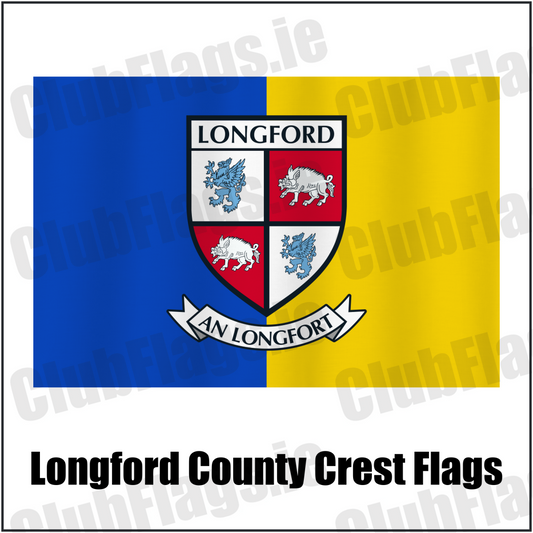 Longford county crest flag in blue and yellow, with county name and crest.