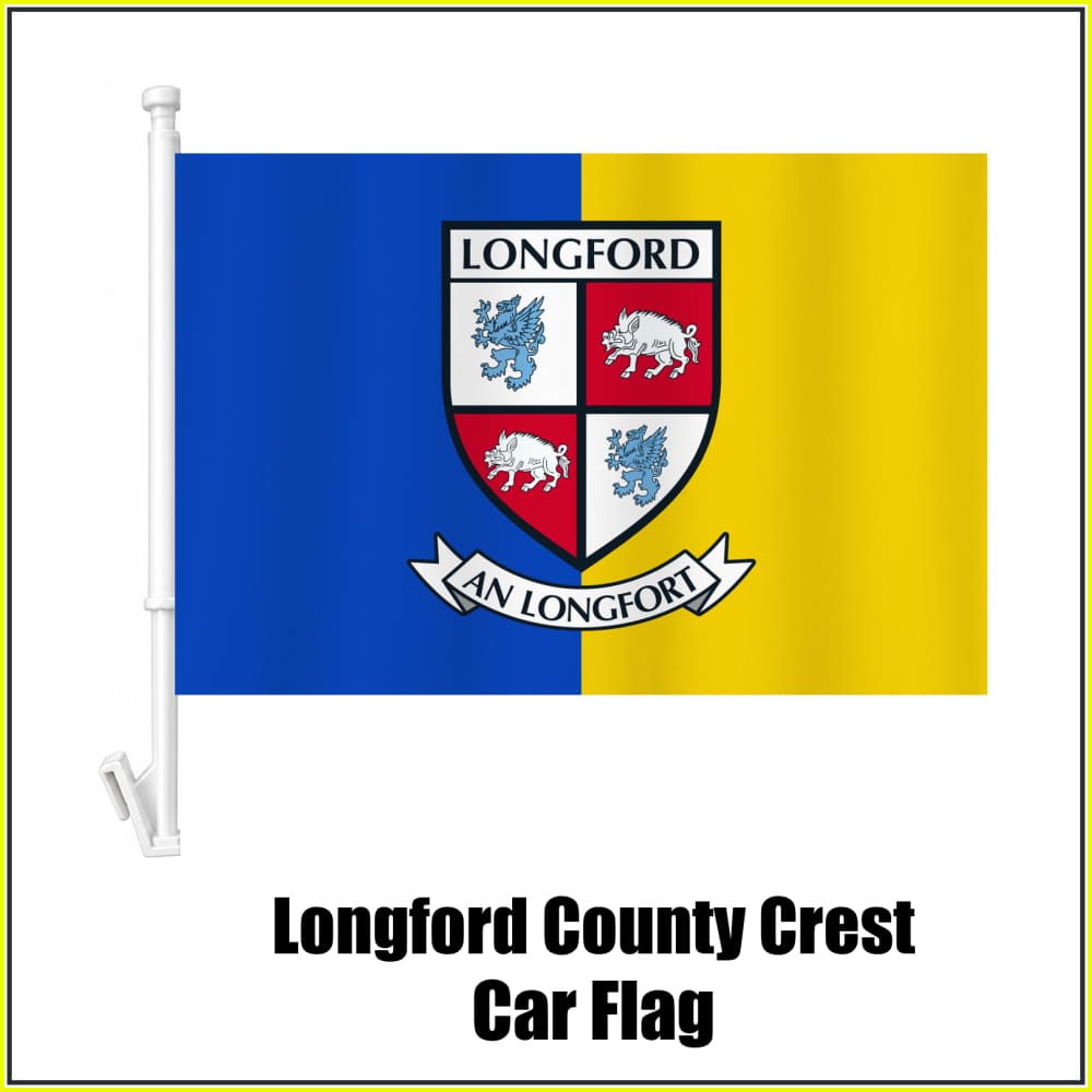 Longford county crest car flag in blue and yellow, on a white plastic window mount.