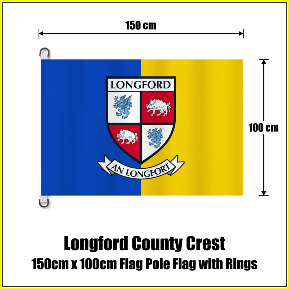 Longford county crest flag, 150 cm wide × 100 cm high, in blue and yellow, with two dark attachment rings on white tabs and no pole.