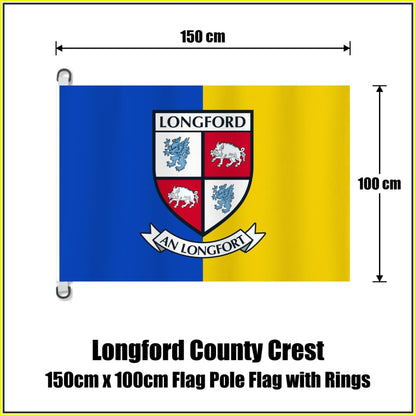 Longford county crest flag, 150 cm wide × 100 cm high, in blue and yellow, with two dark attachment rings on white tabs and no pole.