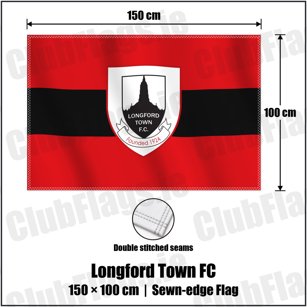 Longford Town FC 100cm x 150cm Flag (sewn on the edges) with the verified club crest and colours, Longford Football - ClubFlags.ie