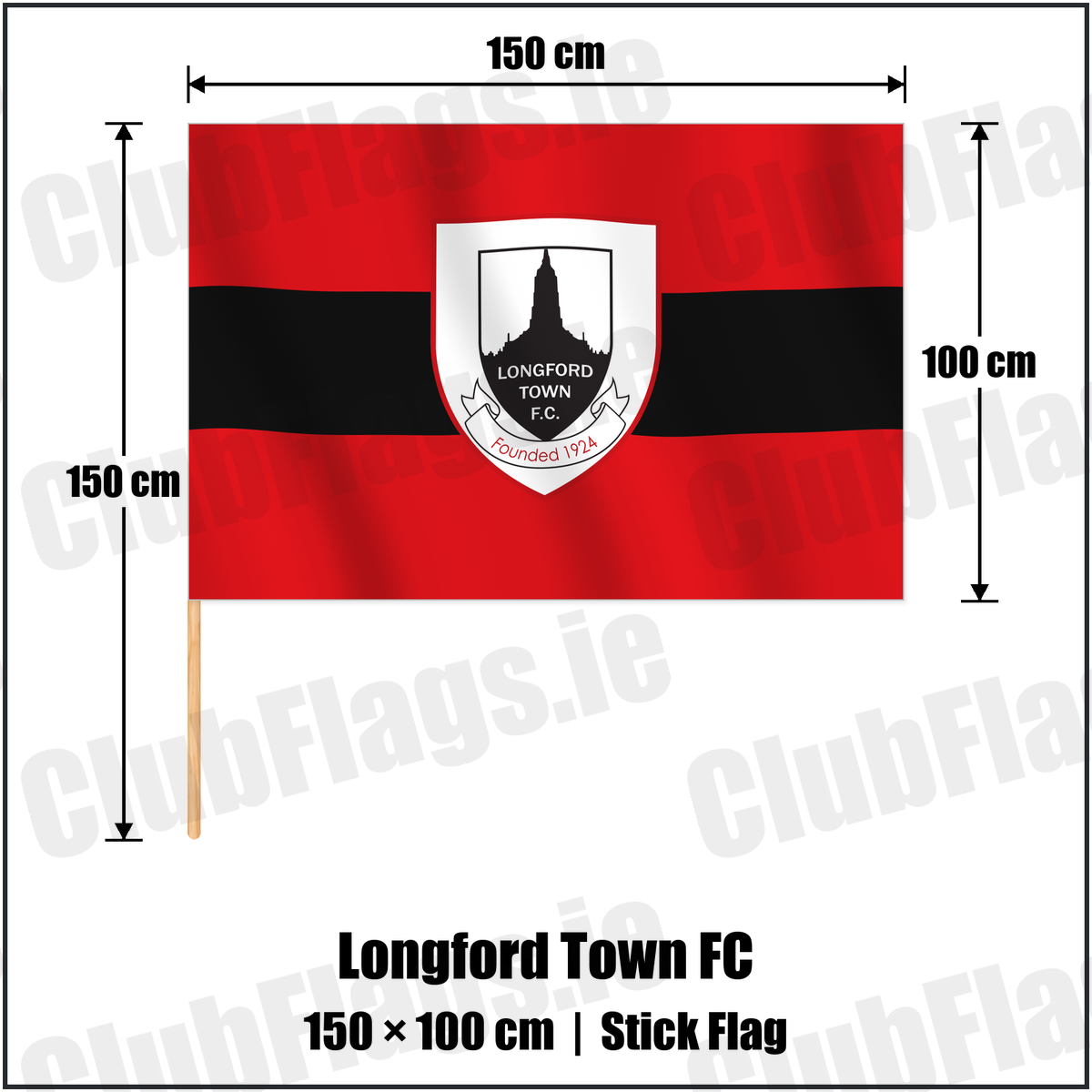 Longford Town FC 100cm x 150cm Stick Flag with the verified club crest and colours, Longford Football - ClubFlags.ie