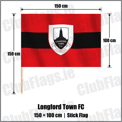 Longford Town FC 100cm x 150cm Stick Flag with the verified club crest and colours, Longford Football - ClubFlags.ie