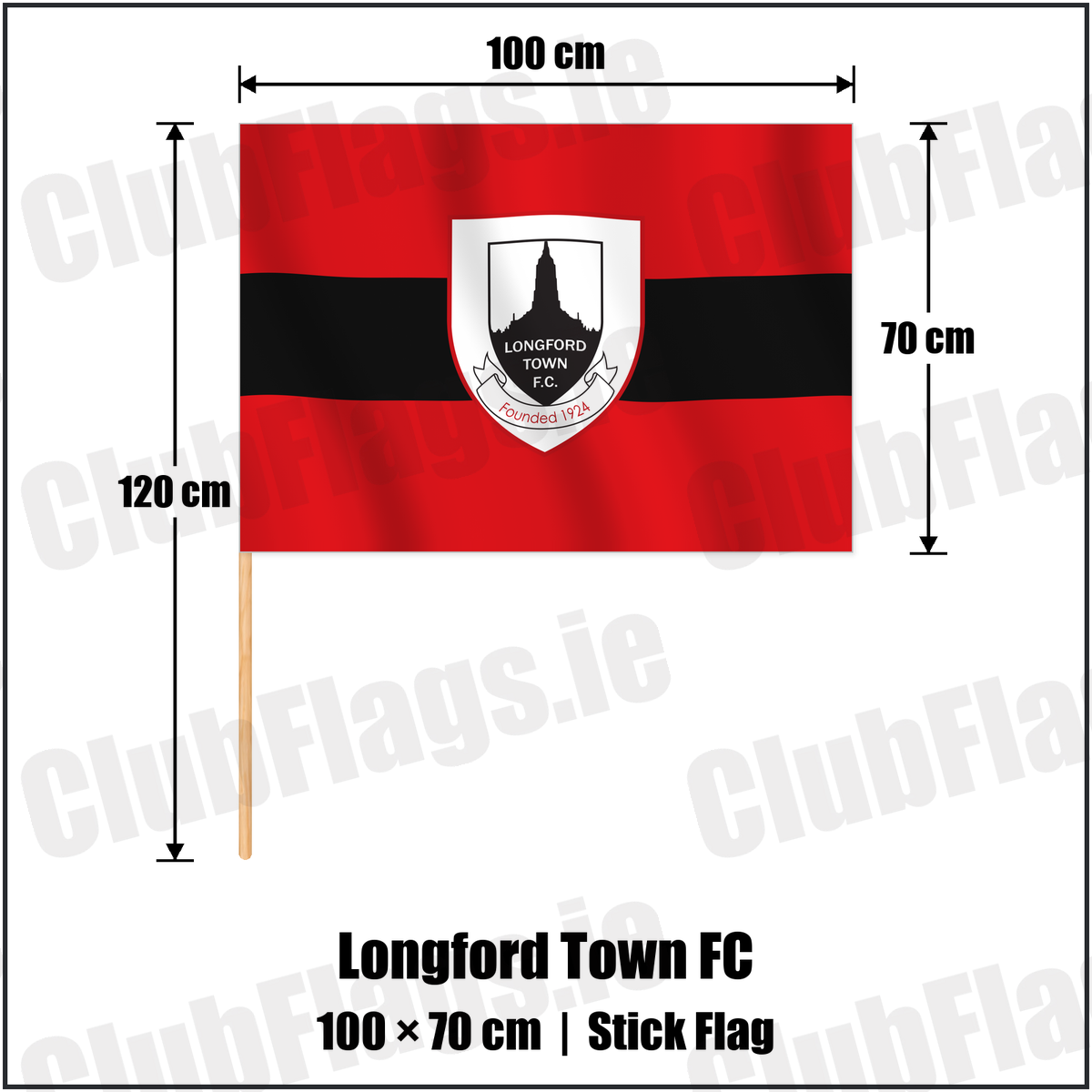Longford Town FC 70cm x 100cm Stick Flag with the verified club crest and colours, Longford Football - ClubFlags.ie