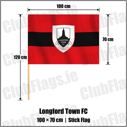 Longford Town FC 70cm x 100cm Stick Flag with the verified club crest and colours, Longford Football - ClubFlags.ie