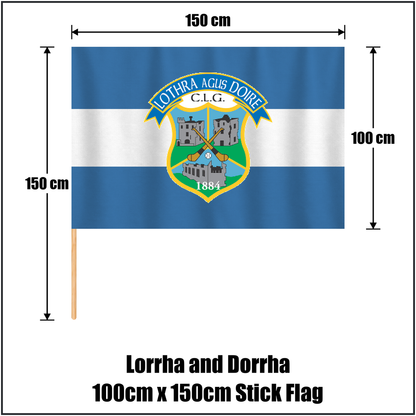 Lorrha and Dorrha 100cm x 150cm Stick Flag, featuring the club crest and blue and white colours; County Tipperary GAA. ClubFlags.ie.