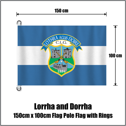 Lorrha and Dorrha 150cm x 100cm Flag Pole Flag with Rings, featuring the club crest and blue and white colours; County Tipperary GAA. ClubFlags.ie.