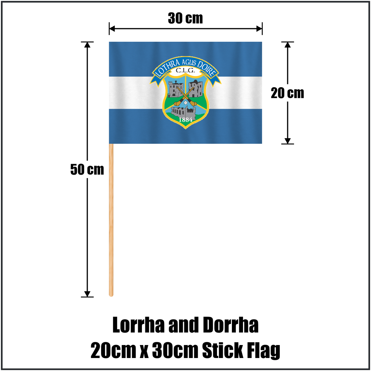 Lorrha and Dorrha 20cm x 30cm Stick Flag, featuring the club crest and blue and white colours; County Tipperary GAA. ClubFlags.ie.
