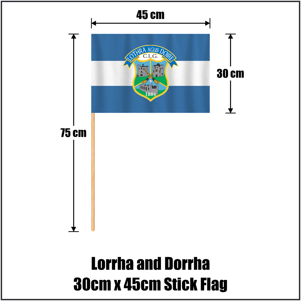 Lorrha and Dorrha 30cm x 45cm Stick Flag, featuring the club crest and blue and white colours; County Tipperary GAA. ClubFlags.ie.