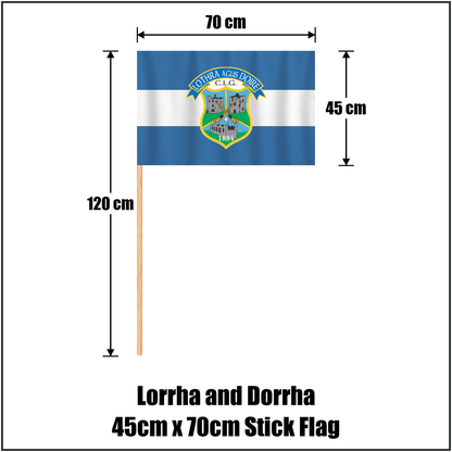 Lorrha and Dorrha 45cm x 70cm Stick Flag, featuring the club crest and blue and white colours; County Tipperary GAA. ClubFlags.ie.