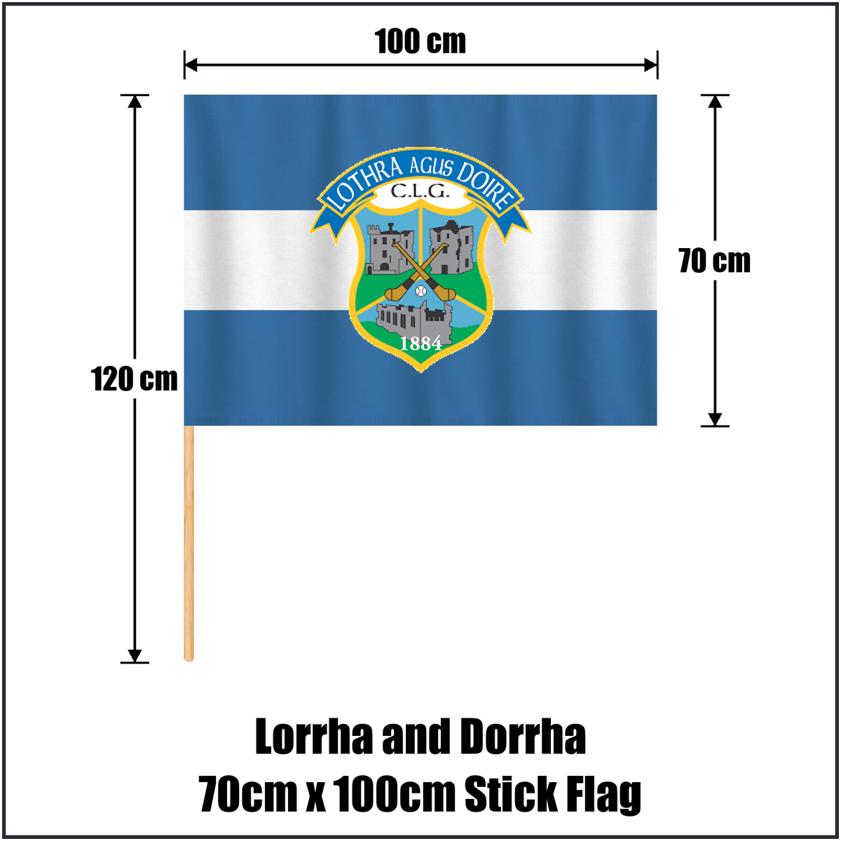 Lorrha and Dorrha 70cm x 100cm Stick Flag, featuring the club crest and blue and white colours; County Tipperary GAA. ClubFlags.ie.