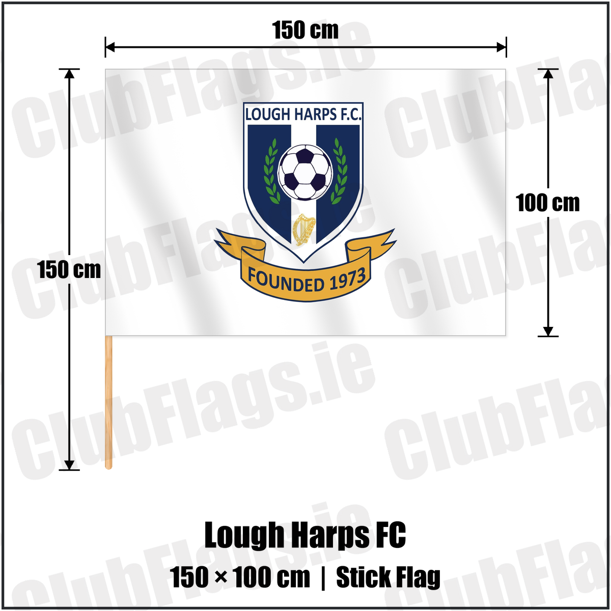Lough Harps FC 100cm x 150cm Stick Flag with the club crest and colours, Roscommon Football - ClubFlags.ie
