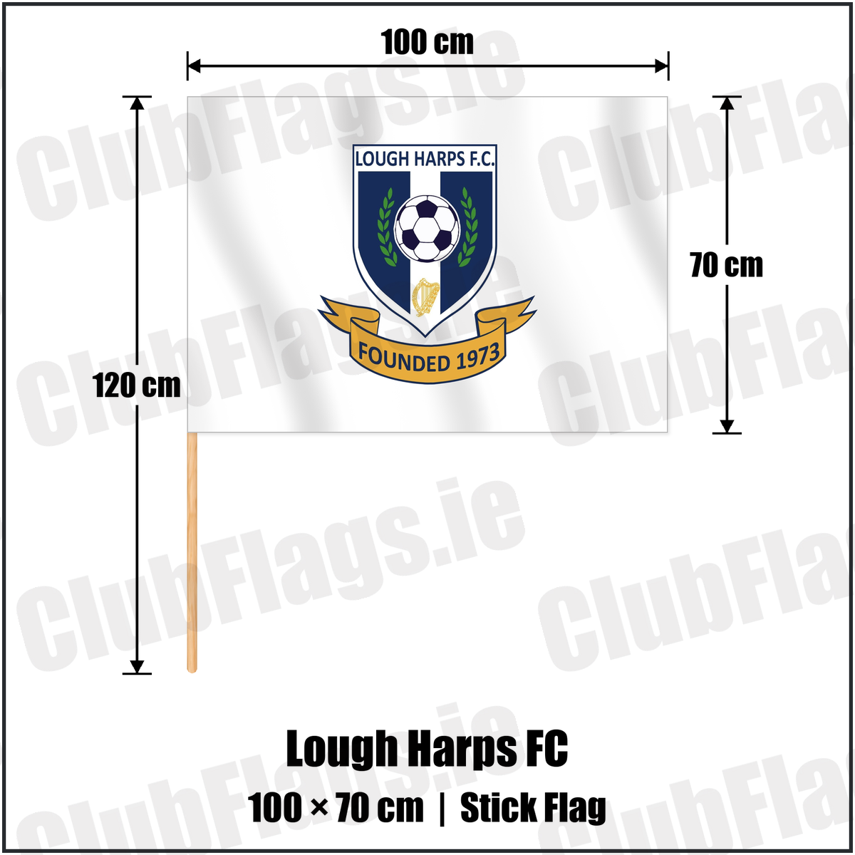 Lough Harps FC 70cm x 100cm Stick Flag with the club crest and colours, Roscommon Football - ClubFlags.ie