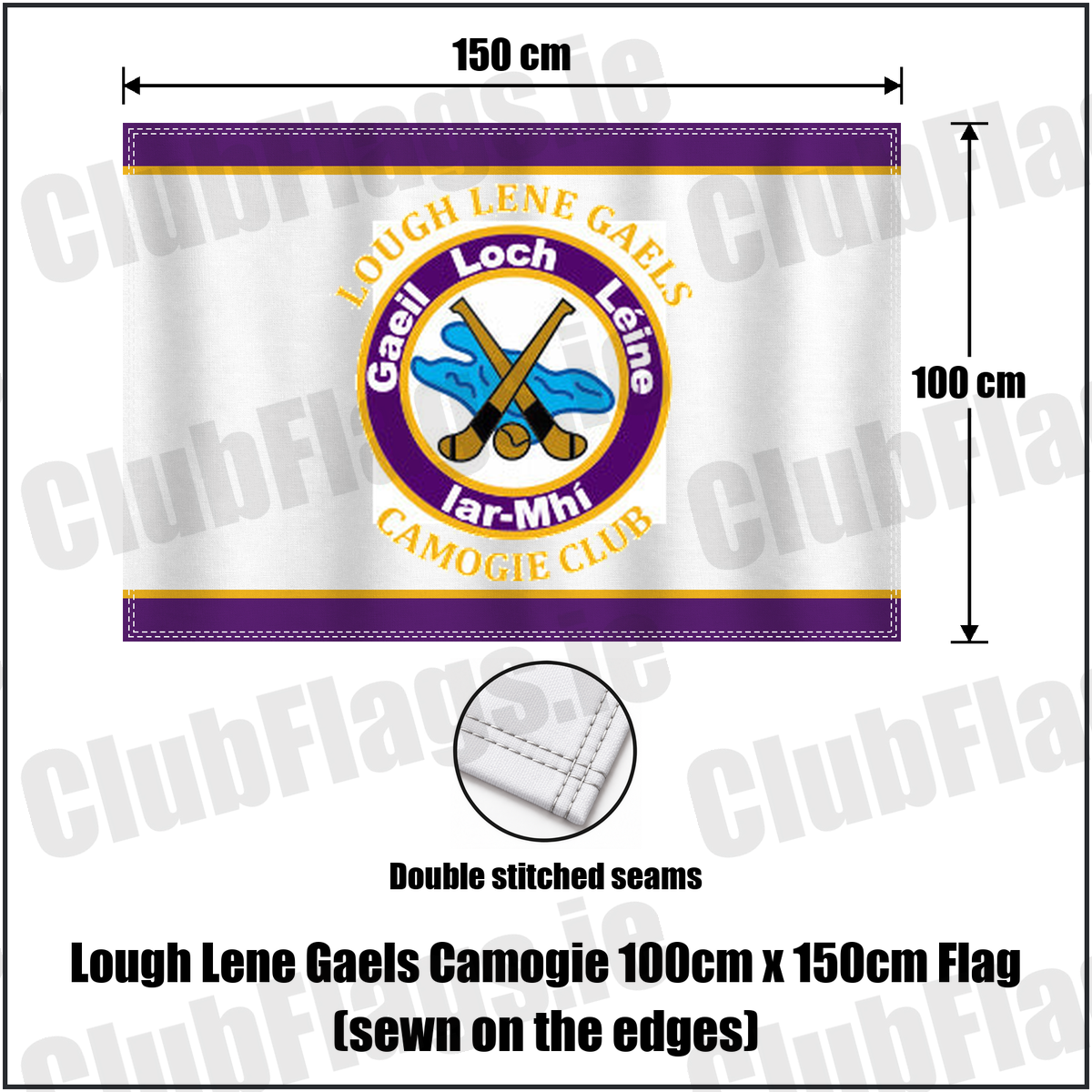Lough Lene Gaels Camogie 100cm x 150cm Flag (sewn on the edges), featuring the club crest and purple and gold colours; County Westmeath camogie. ClubFlags.ie.