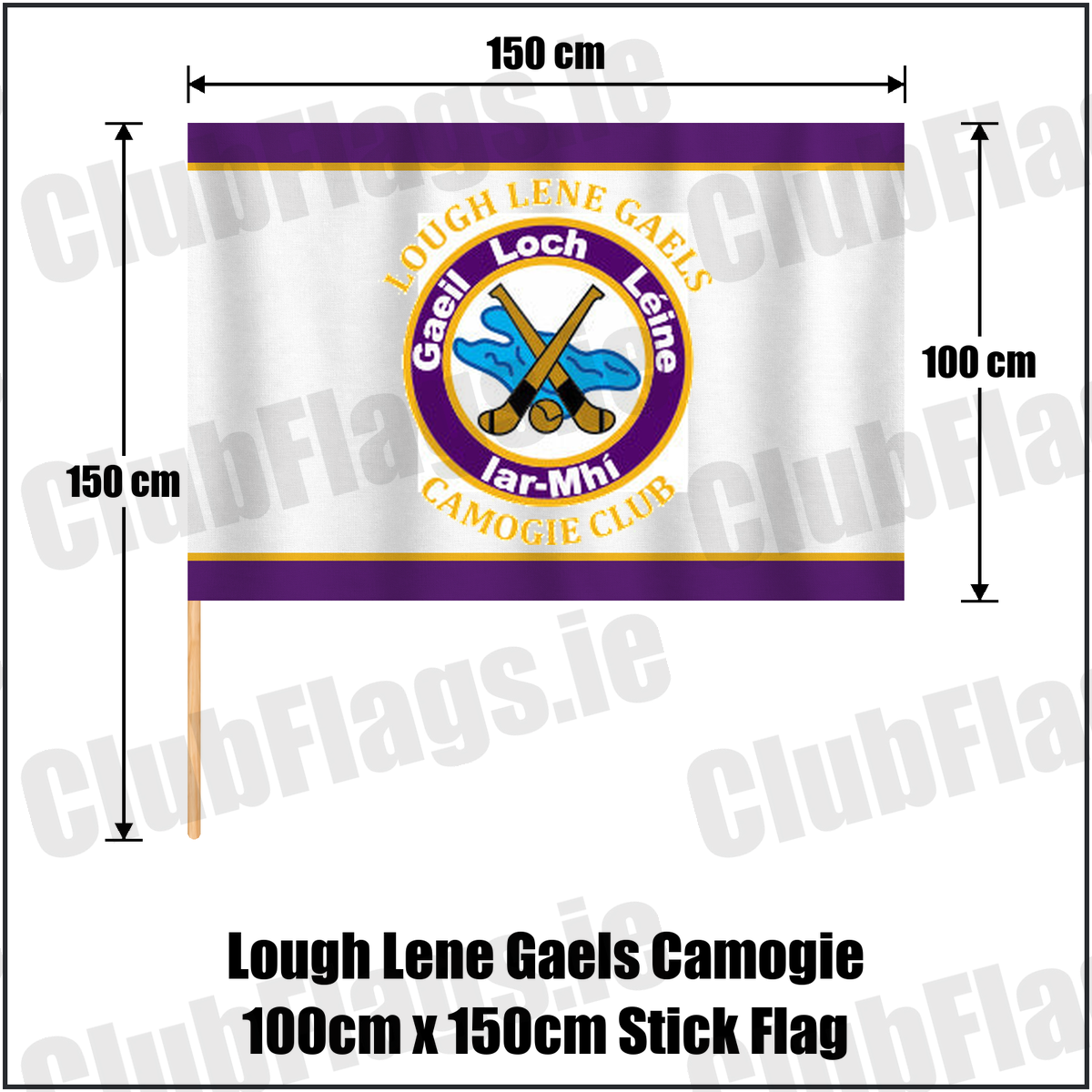 Lough Lene Gaels Camogie 100cm x 150cm Stick Flag, featuring the club crest and purple and gold colours; County Westmeath camogie. ClubFlags.ie.