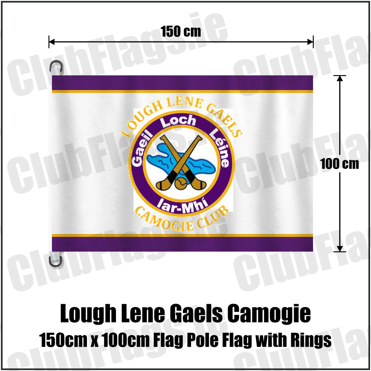 Lough Lene Gaels Camogie 150cm x 100cm Flag Pole Flag with Rings, featuring the club crest and purple and gold colours; County Westmeath camogie. ClubFlags.ie.