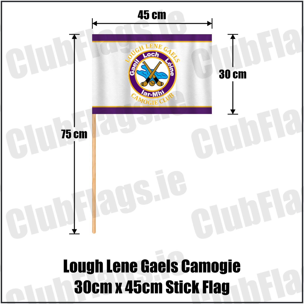 Lough Lene Gaels Camogie 30cm x 45cm Stick Flag, featuring the club crest and purple and gold colours; County Westmeath camogie. ClubFlags.ie.