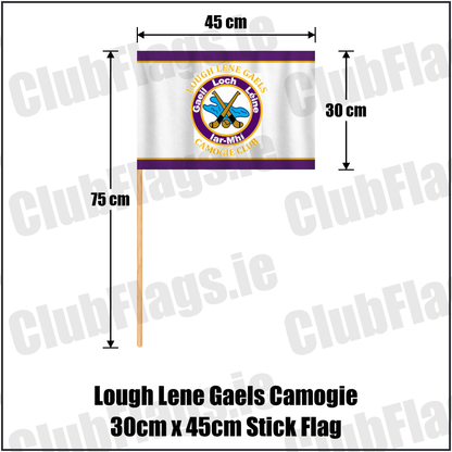 Lough Lene Gaels Camogie 30cm x 45cm Stick Flag, featuring the club crest and purple and gold colours; County Westmeath camogie. ClubFlags.ie.