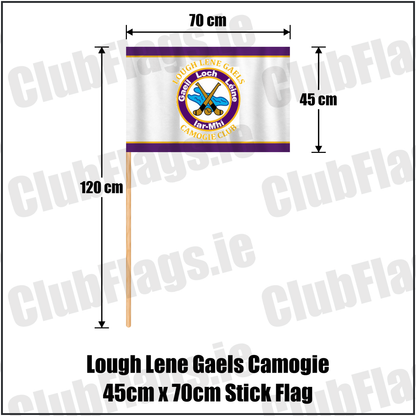 Lough Lene Gaels Camogie 45cm x 70cm Stick Flag, featuring the club crest and purple and gold colours; County Westmeath camogie. ClubFlags.ie.
