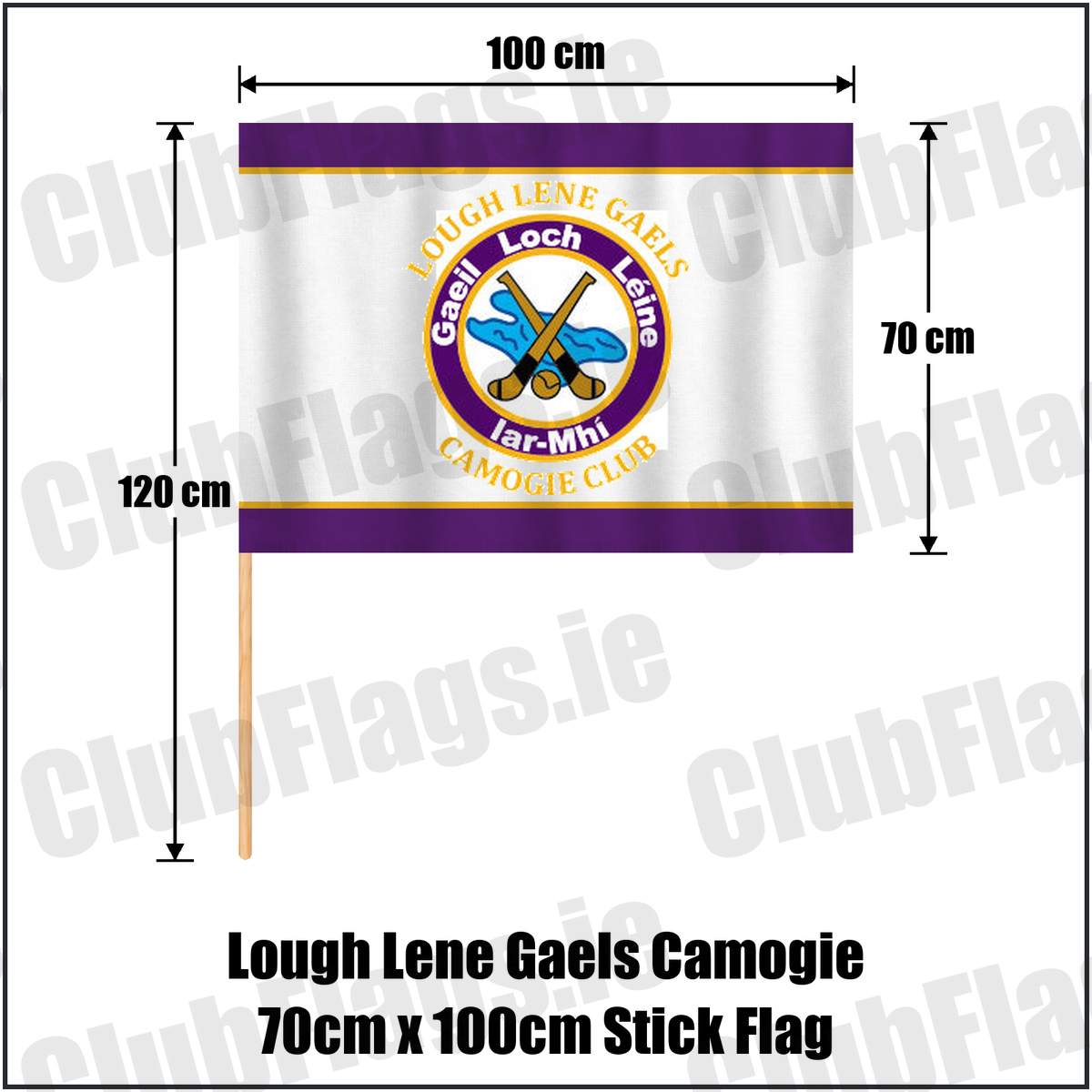 Lough Lene Gaels Camogie 70cm x 100cm Stick Flag, featuring the club crest and purple and gold colours; County Westmeath camogie. ClubFlags.ie.