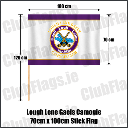 Lough Lene Gaels Camogie 70cm x 100cm Stick Flag, featuring the club crest and purple and gold colours; County Westmeath camogie. ClubFlags.ie.
