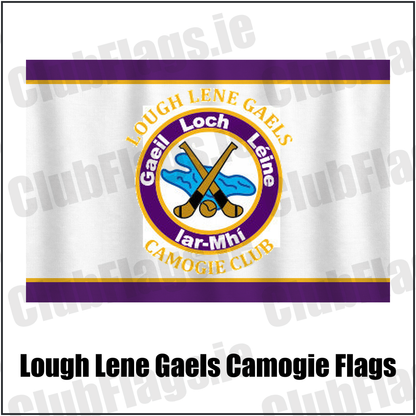 Lough Lene Gaels Camogie Flags, featuring the club crest and purple and gold colours; County Westmeath camogie. ClubFlags.ie.