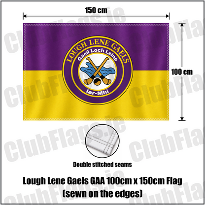 Lough Lene Gaels GAA, County Westmeath, purple and yellow flag with circular club crest and crossed hurleys; 100 x 150 cm sewn-edge flag with double stitching and seam close-up