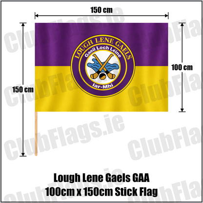 Lough Lene Gaels GAA, County Westmeath, purple and yellow flag with circular club crest and crossed hurleys; 100 x 150 cm stick flag with a 150 cm wooden stick