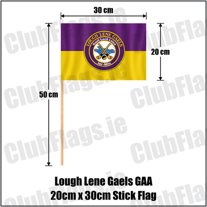 Lough Lene Gaels GAA, County Westmeath, purple and yellow flag with circular club crest and crossed hurleys; 20 x 30 cm stick flag with a 50 cm wooden stick