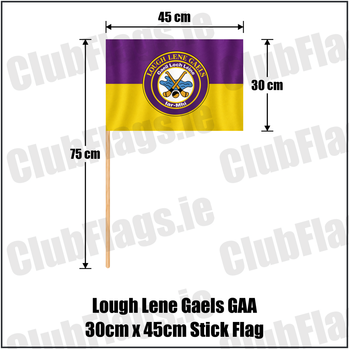 Lough Lene Gaels GAA, County Westmeath, purple and yellow flag with circular club crest and crossed hurleys; 30 x 45 cm stick flag with a 75 cm wooden stick