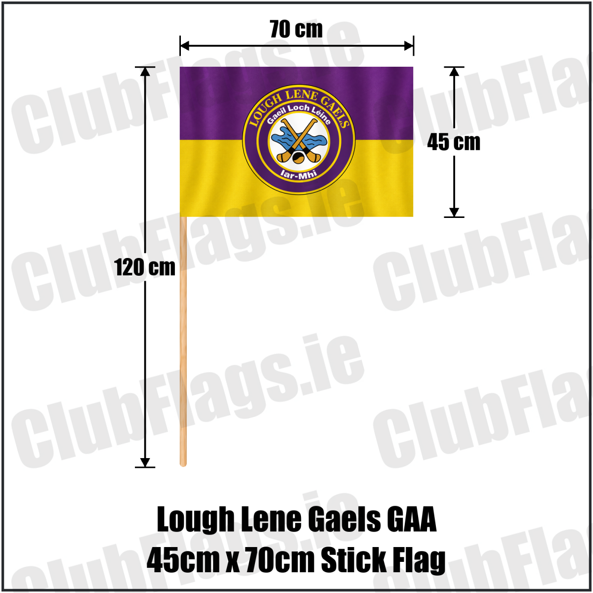 Lough Lene Gaels GAA, County Westmeath, purple and yellow flag with circular club crest and crossed hurleys; 45 x 70 cm stick flag with a 120 cm wooden stick