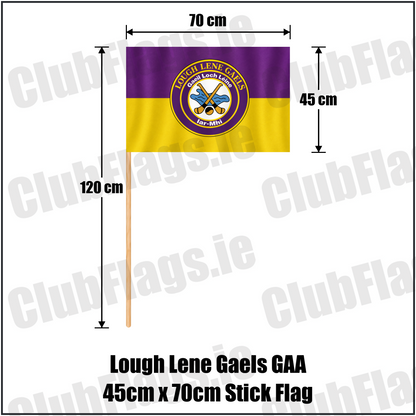 Lough Lene Gaels GAA, County Westmeath, purple and yellow flag with circular club crest and crossed hurleys; 45 x 70 cm stick flag with a 120 cm wooden stick