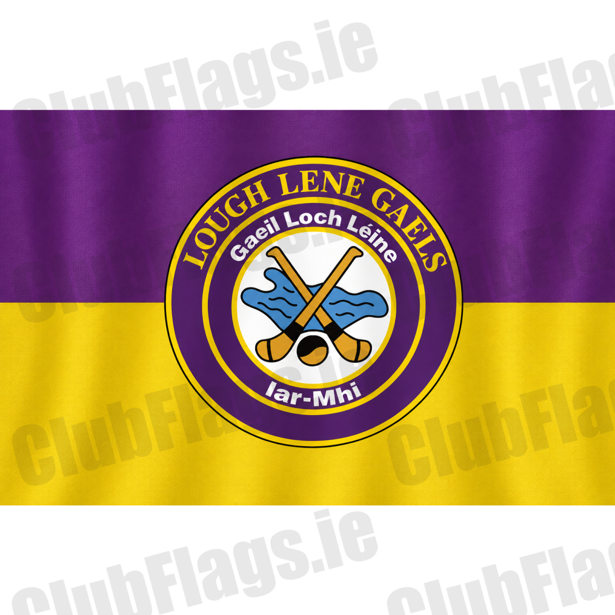 Lough Lene Gaels GAA, County Westmeath, purple and yellow flag with circular club crest and crossed hurleys; club artwork with gentle vertical fabric folds