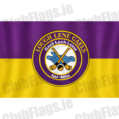 Lough Lene Gaels GAA, County Westmeath, purple and yellow flag with circular club crest and crossed hurleys; club artwork with gentle vertical fabric folds